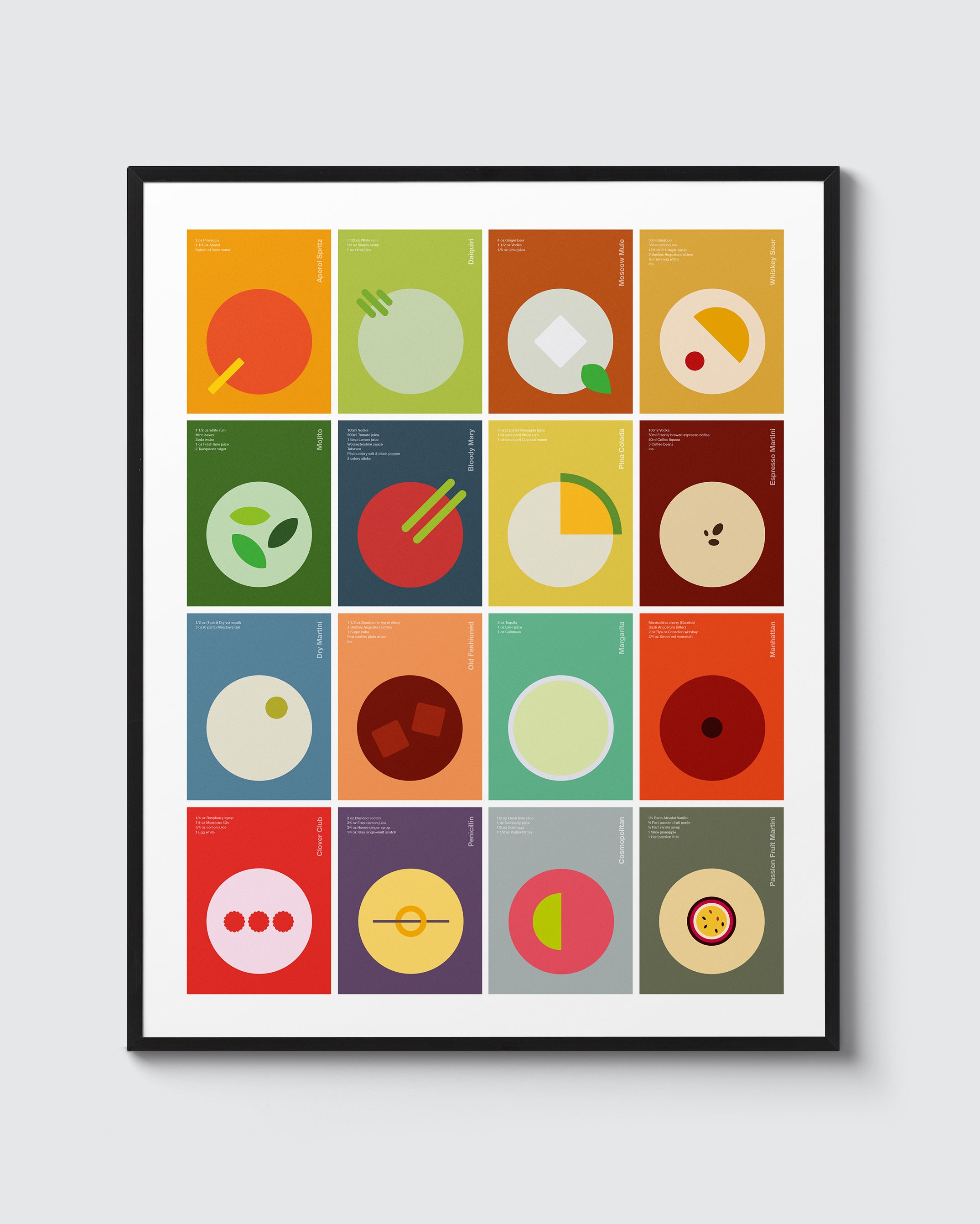 Abstract Cocktails Print. A compilation of 16 abstract cocktail illustrations, with bold bright colours and details like name and ingredient list