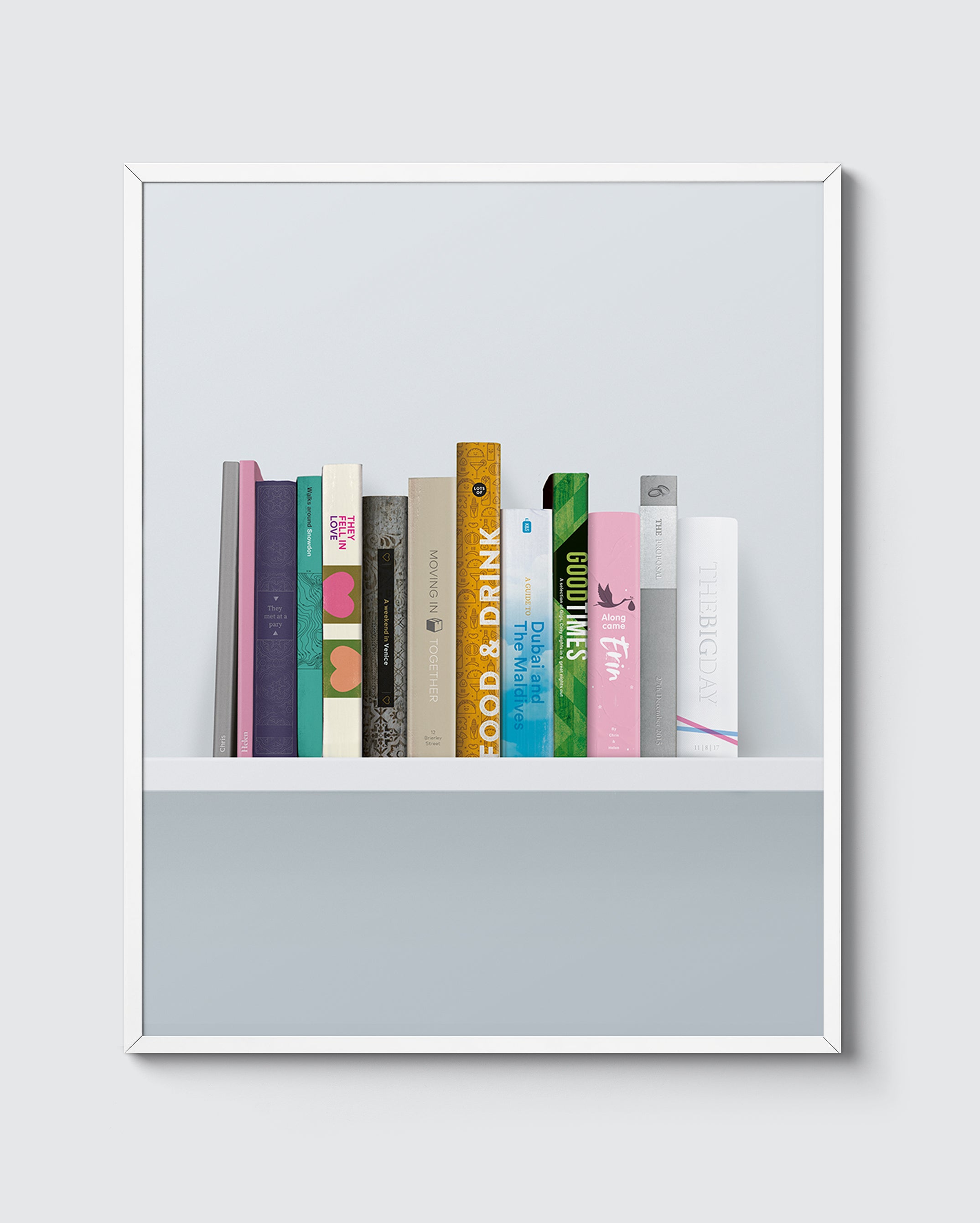 Personalised Love Story Print. Features a graphic bookshelf, where each book represents a different stage of your relationship – from first dates to Children and more...