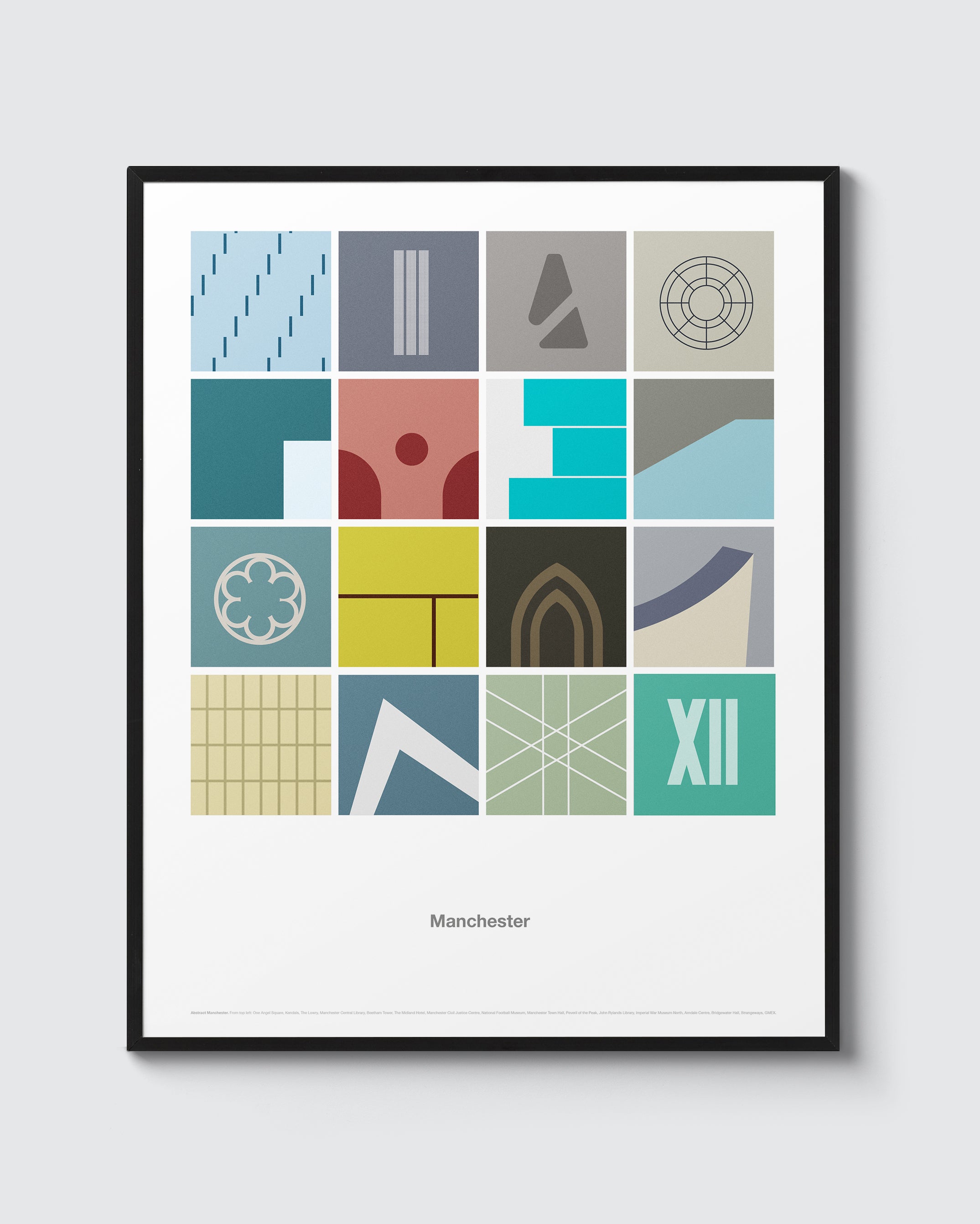 Abstract Manchester Print. Features 16 bold, colourful abstract illustrations from famous Manchester buildings.