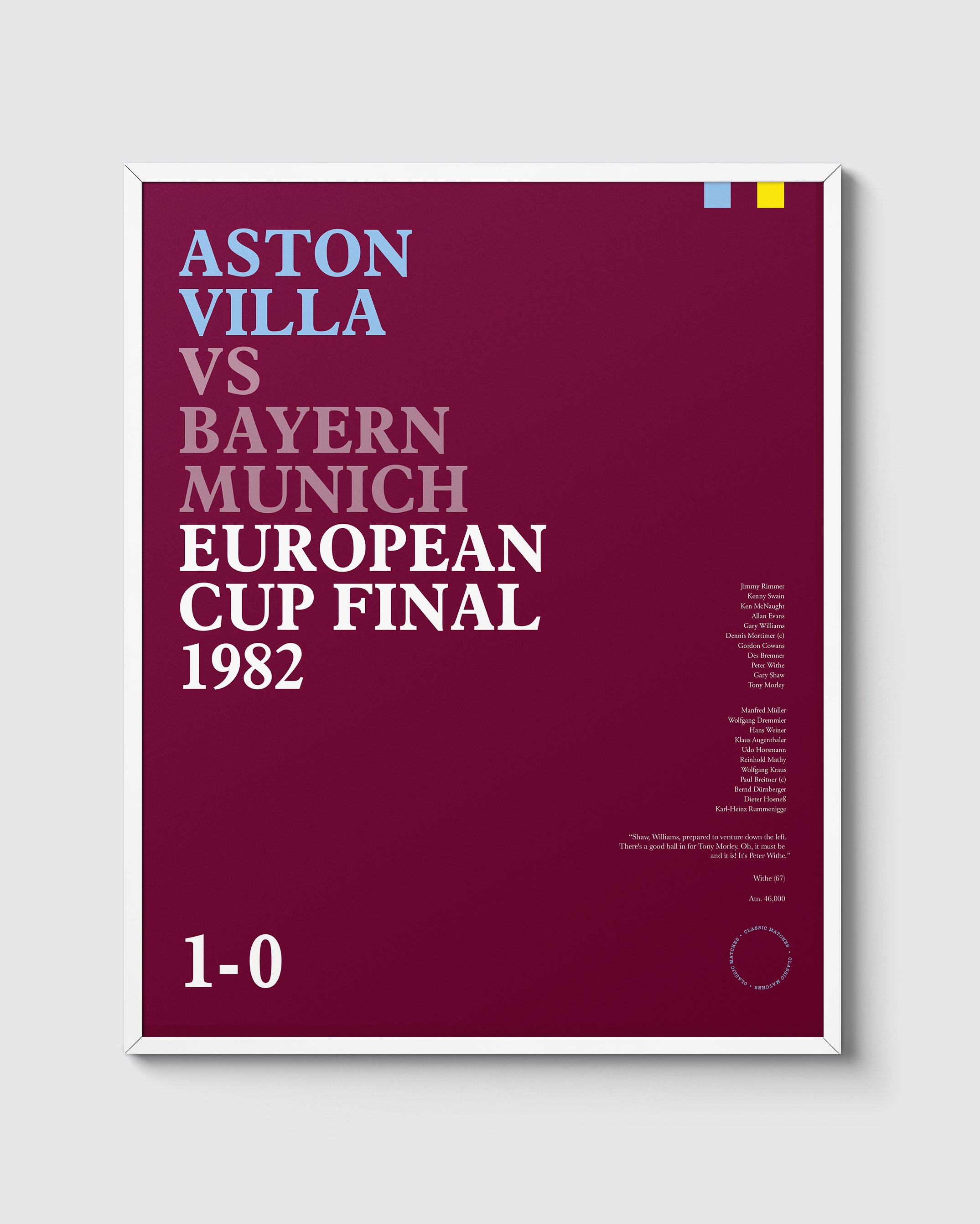 A print that celebrates your favourite football match. Typographic in style, contains your club colours, stats from the match and your name.
