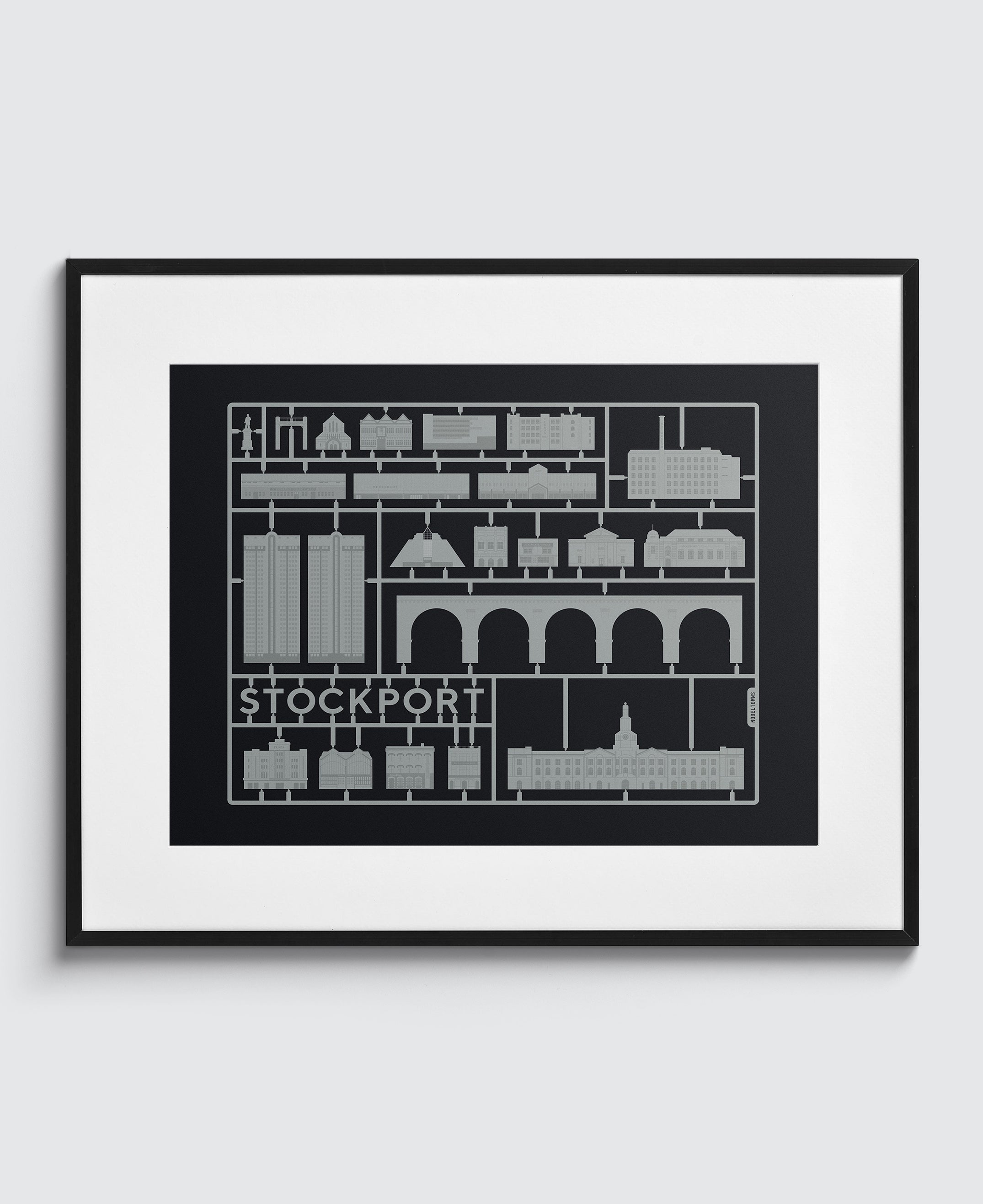 Model Town Stockport - over 30 illustrations of famous Stockport landmarks, all in the style of classic model kits.