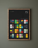 Classic videogames print that features 16 abstract illustrations taken from retro game legends. Bold modern colours and a key with game details.