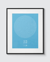 Blue moon treble print – modern graphic print featuring a typographic 'moon' created from the names of every player to ever play for Man City.