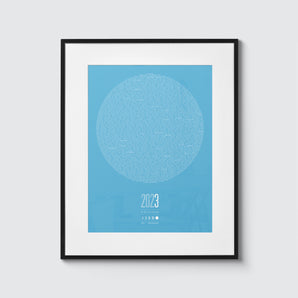 Blue moon treble print – modern graphic print featuring a typographic 'moon' created from the names of every player to ever play for Man City.
