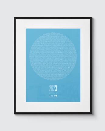 Blue moon treble print – modern graphic print featuring a typographic 'moon' created from the names of every player to ever play for Man City.