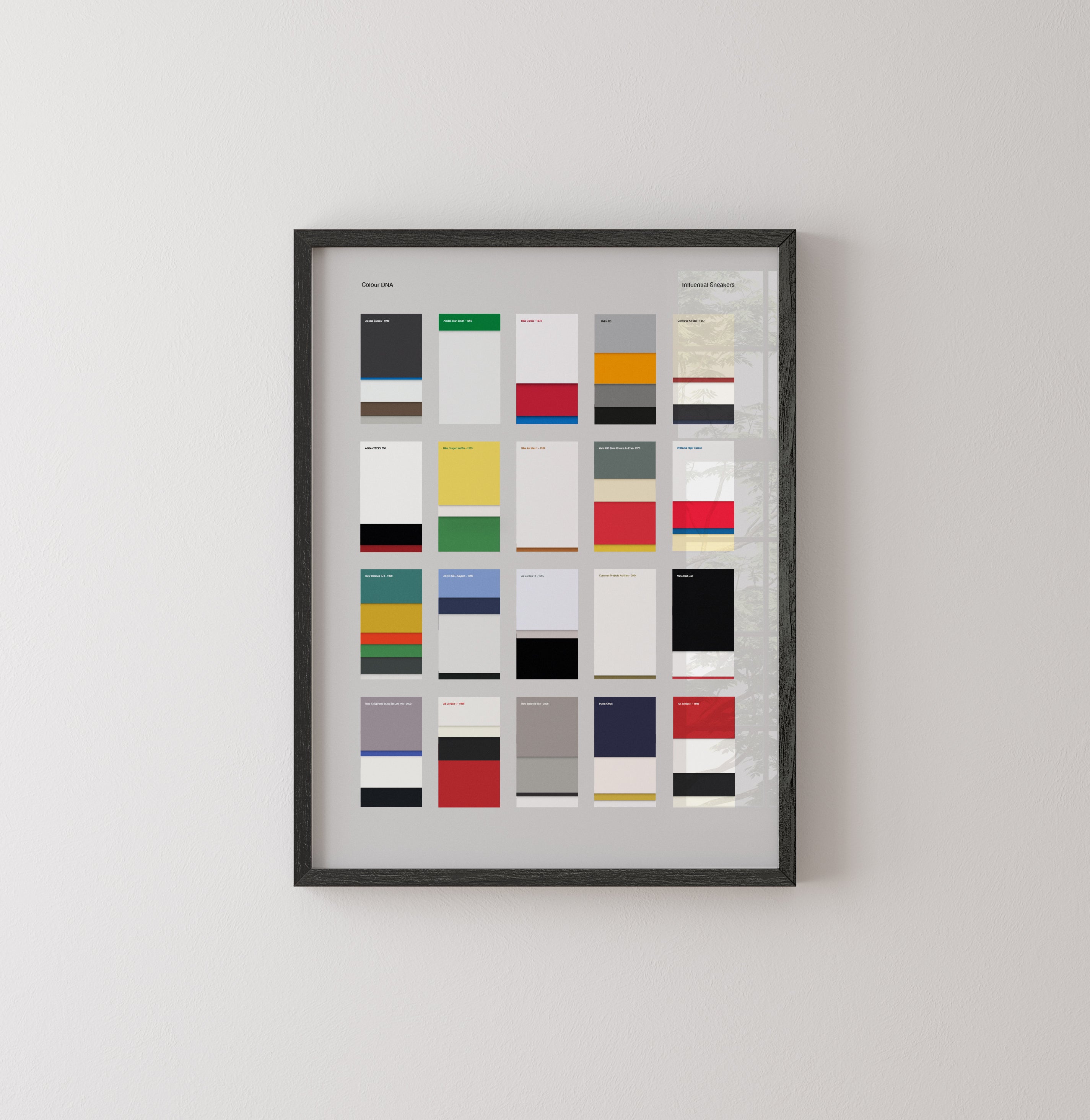 Influential sneakers print. Modern minimalist design featuring colour blocks from 25 of the most influential sneakers.