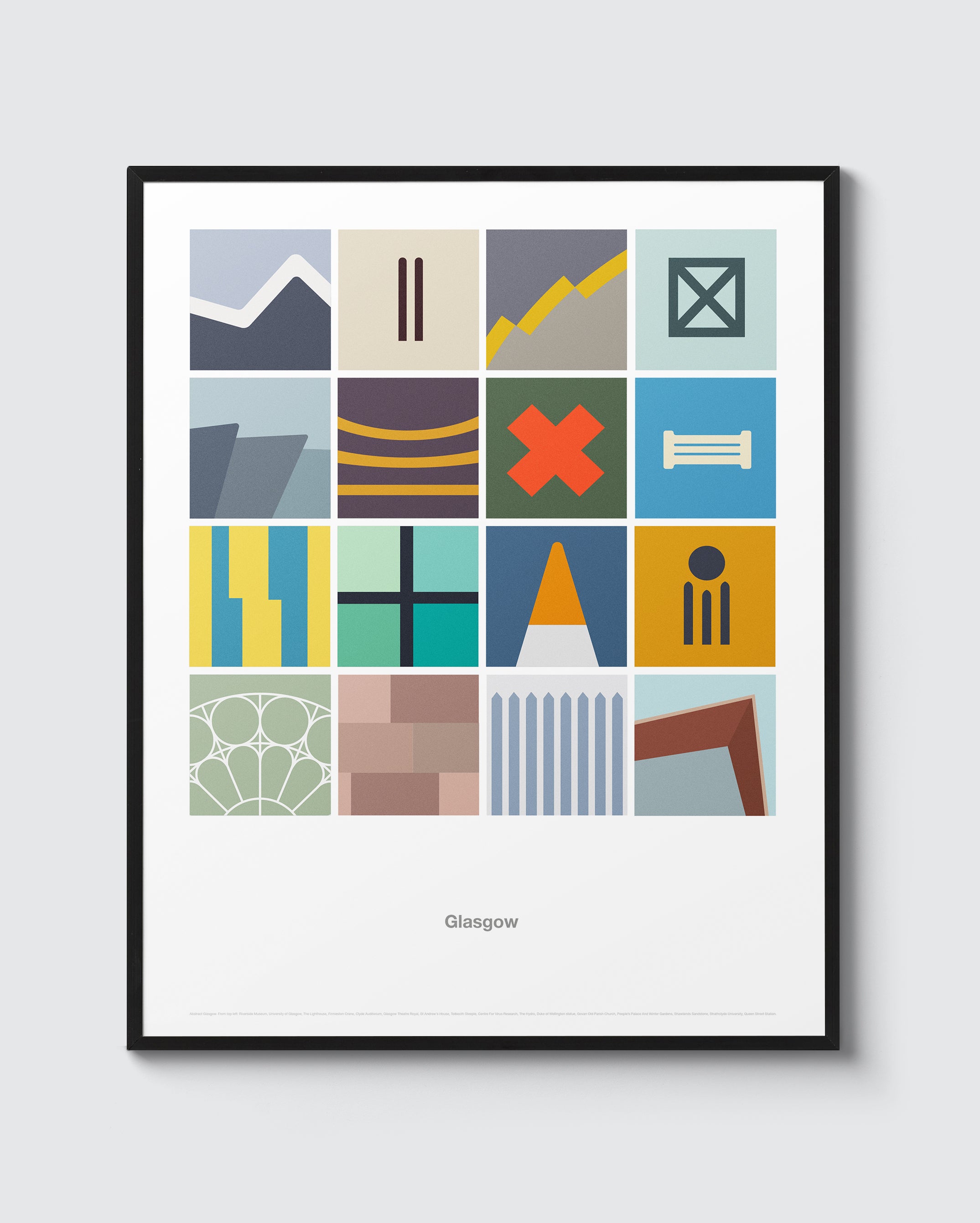 Abstract Glasgow Print. Features 16 bold, colourful abstract illustrations from famous Glasgow buildings.