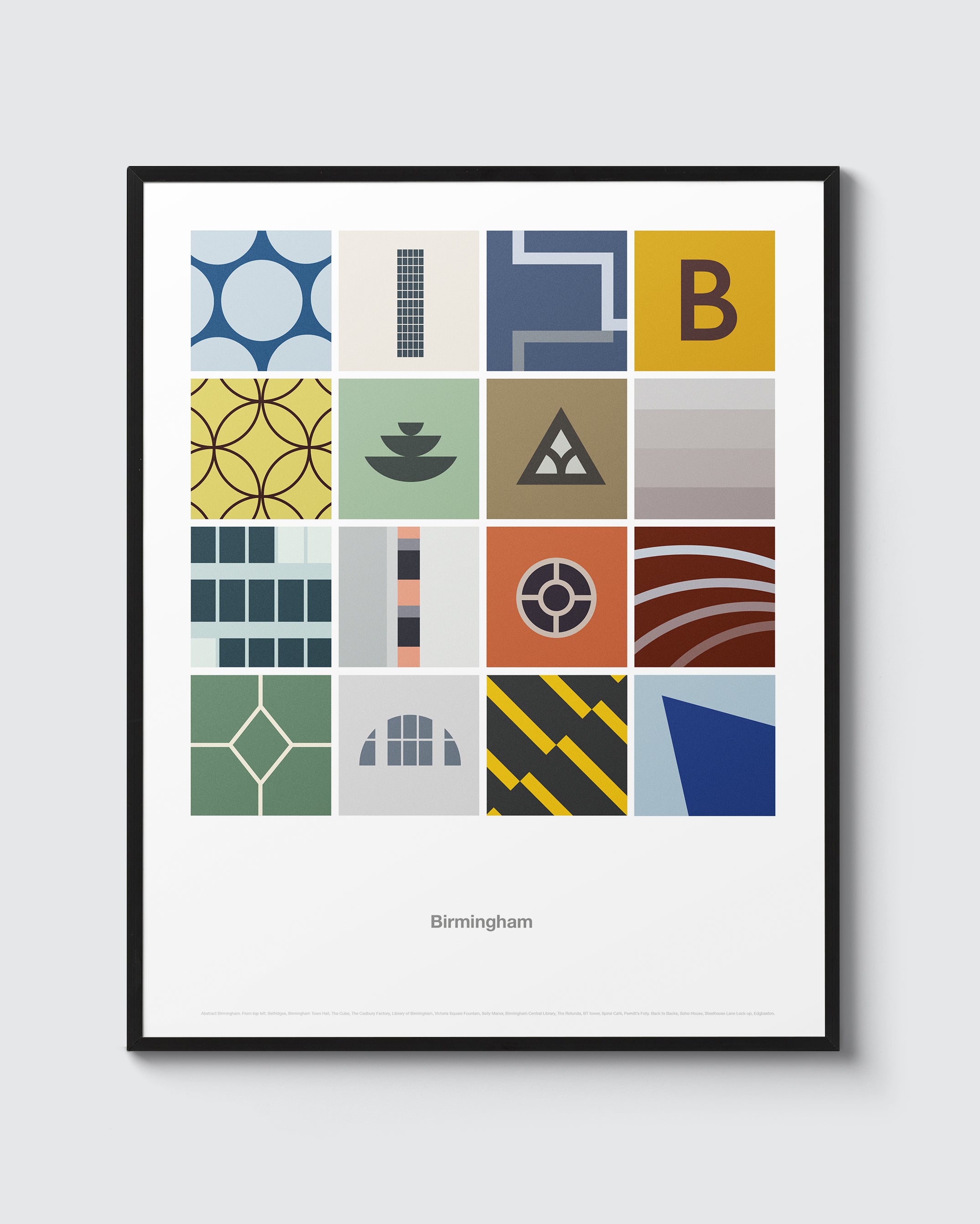 Abstract Birmingham Print. Features 16 bold, colourful abstract illustrations from famous Birmingham buildings.