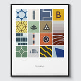 Abstract Birmingham Print. Features 16 bold, colourful abstract illustrations from famous Birmingham buildings.