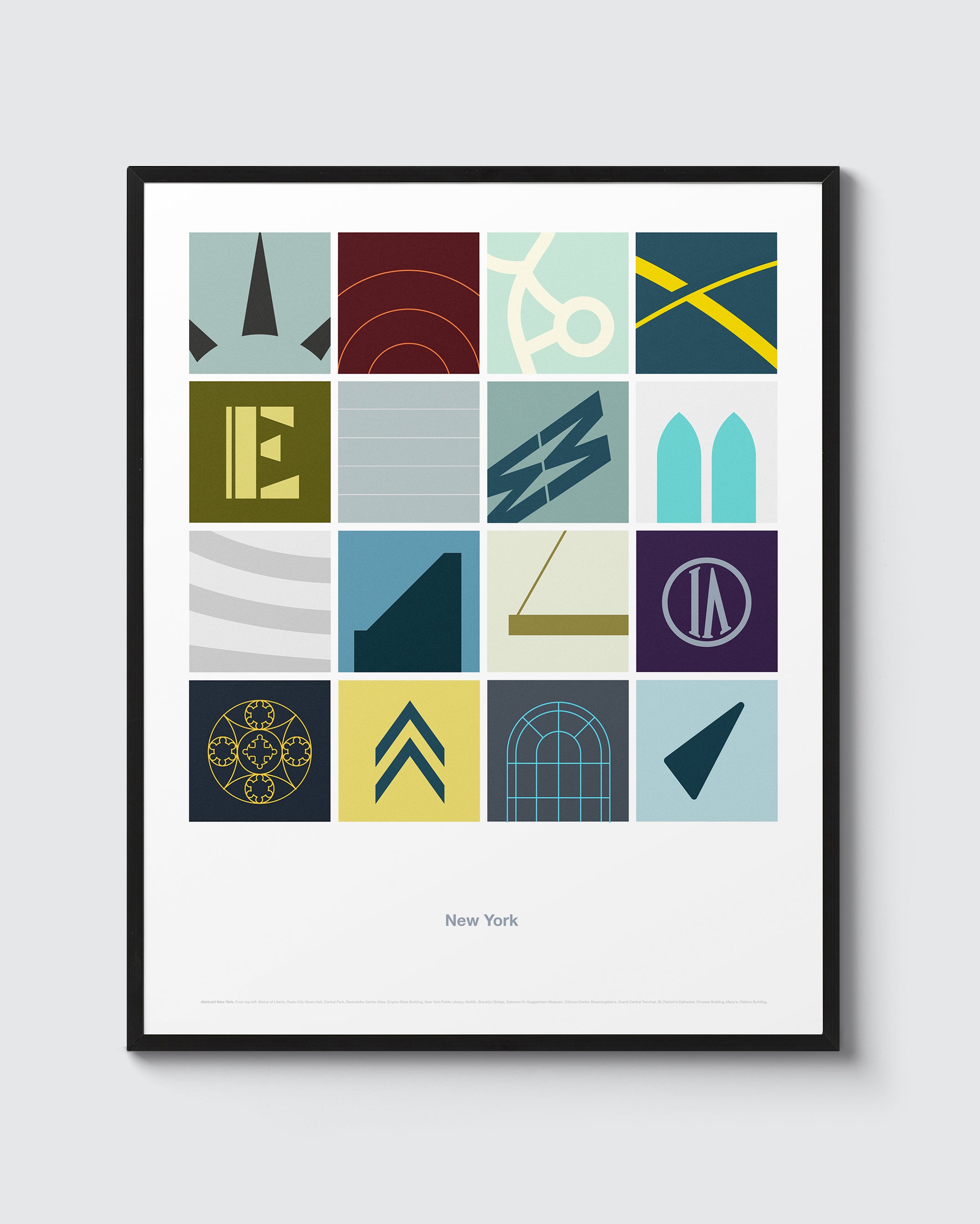 Abstract New York Print. 16 illustrations of architecture from New York City. Simple bold design.