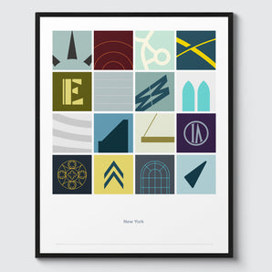 Abstract New York Print. 16 illustrations of architecture from New York City. Simple bold design.
