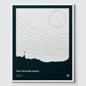 Your favourite beach - anywhere in the world, created as a bespoke graphic print. Illustration contains a simplified nautical map of the sea-bed, along with coordinates and geo stats.