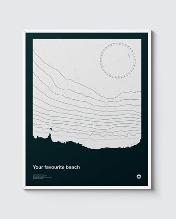 Your favourite beach - anywhere in the world, created as a bespoke graphic print. Illustration contains a simplified nautical map of the sea-bed, along with coordinates and geo stats.