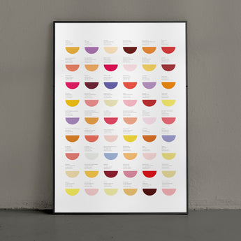 Gin print that features 54 abstract gin glasses, each one the colour of a flavoured gin from around the world – complete with colour codes and details.