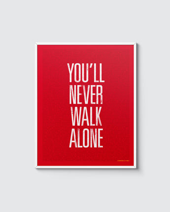 You'll never walk alone typographic print has a background with the names of every player to ever play for Liverpool in a bold classic design.