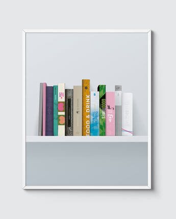 Personalised Love Story Print. Features a graphic bookshelf, where each book represents a different stage of your relationship – from first dates to Children and more...