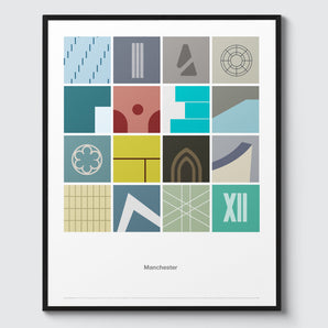 Abstract Manchester Print. Features 16 bold, colourful abstract illustrations from famous Manchester buildings.