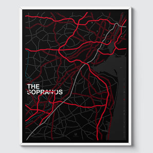 Sopranos New Jersey Print. A complex map of New Jersey, with the road names replaced with the names of cast-members, characters and music from the show.