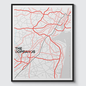 Sopranos New Jersey Print. A complex map of New Jersey, with the road names replaced with the names of cast-members, characters and music from the show.
