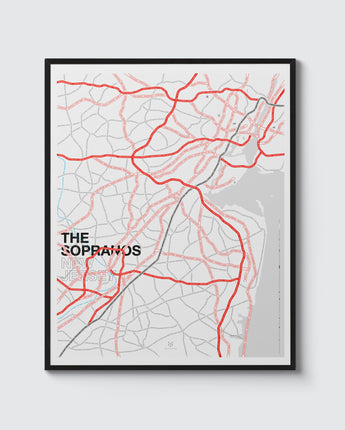 Sopranos New Jersey Print. A complex map of New Jersey, with the road names replaced with the names of cast-members, characters and music from the show.